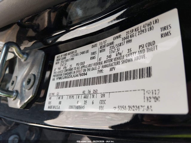45967354 :رقم المزاد ، 1FMCU9GDXJUA78094 vin ، 2018 Ford Escape Se مزاد بيع