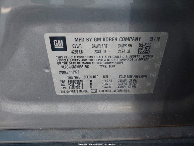 Продажа на аукционе авто 2019 Chevrolet Trax Lt, vin: KL7CJLSB0KB931502, номер лота: 45967356