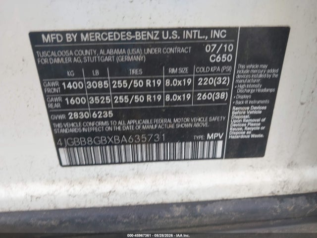 Продаж на аукціоні авто 2011 Mercedes-benz Ml 350 4matic, vin: 4JGBB8GBXBA635731, номер лоту: 45967361