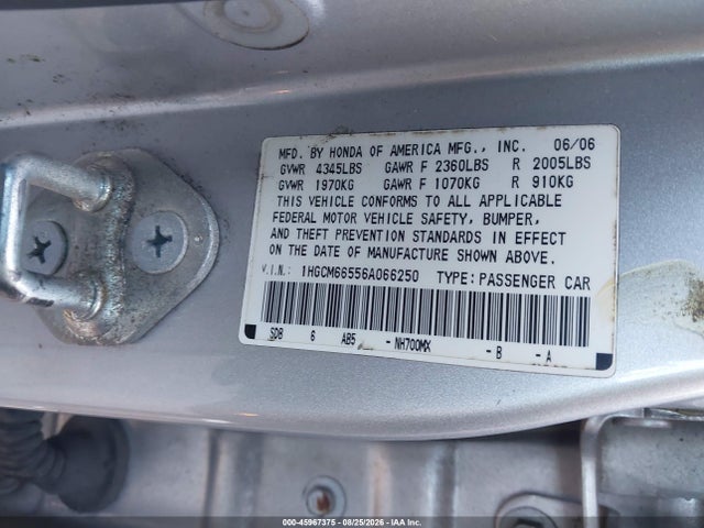 2006 Honda Accord 3.0 Ex მანქანა იყიდება აუქციონზე, vin: 1HGCM66556A066250, აუქციონის ნომერი: 45967375