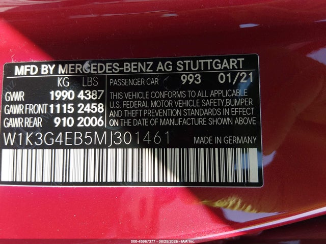 45967377 :رقم المزاد ، W1K3G4EB5MJ301461 vin ، 2021 Mercedes-benz A 220 مزاد بيع