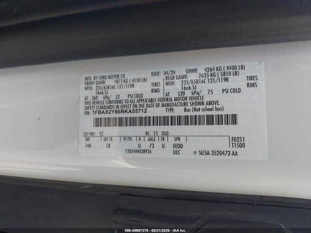Продажа на аукционе авто 2024 Ford Transit-350 Passenger Van Xl, vin: 1FBAX2Y86RKA55712, номер лота: 45967379