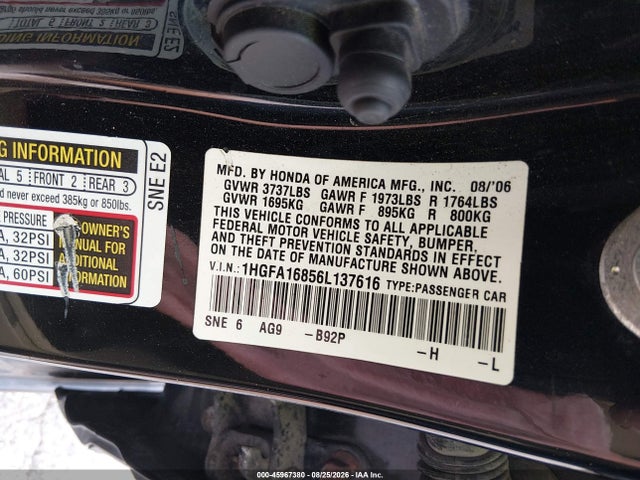 2006 Honda Civic Ex მანქანა იყიდება აუქციონზე, vin: 1HGFA16856L137616, აუქციონის ნომერი: 45967380