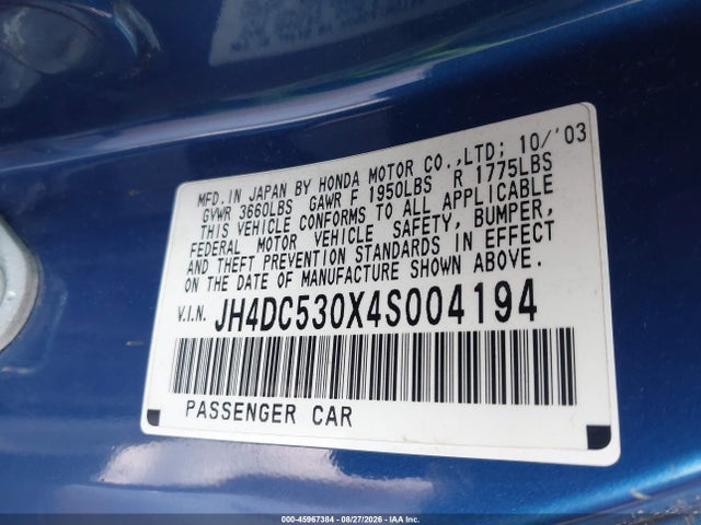 Aukcja sprzedaży 2004 Acura Rsx Type S, vin: JH4DC530X4S004194, numer aukcji: 45967384