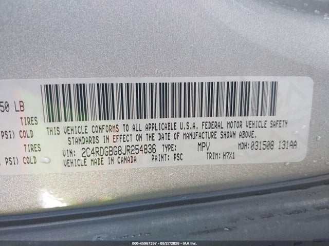 2018 Dodge Grand Caravan Se მანქანა იყიდება აუქციონზე, vin: 2C4RDGBG8JR254836, აუქციონის ნომერი: 45967397