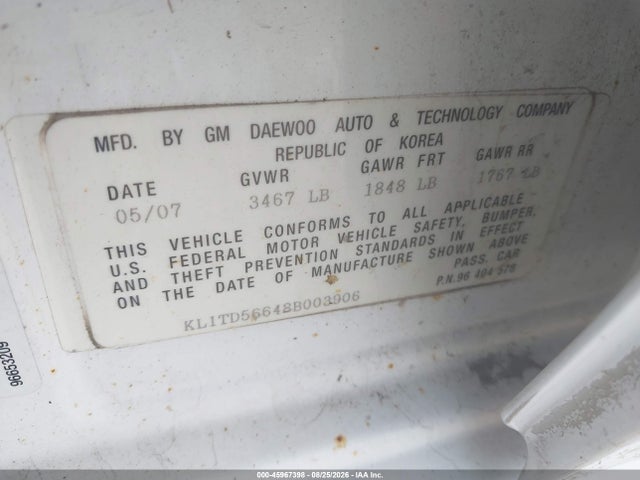 Продажа на аукционе авто 2008 Chevrolet Aveo Ls, vin: KL1TD56648B003906, номер лота: 45967398