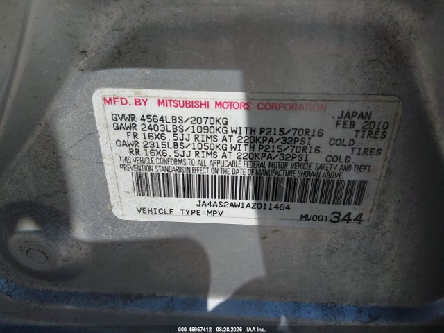 45967412 :رقم المزاد ، JA4AS2AW1AZ011464 vin ، 2010 Mitsubishi Outlander Es مزاد بيع