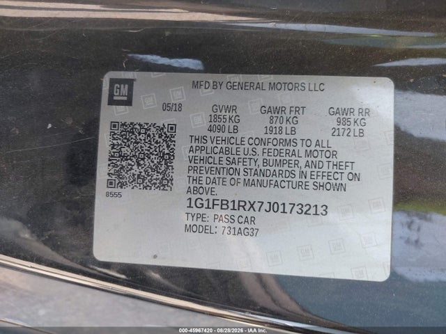 45967420 :رقم المزاد ، 1G1FB1RX7J0173213 vin ، 2018 Chevrolet Camaro 1lt مزاد بيع