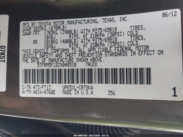 45967429 :رقم المزاد ، 5TFRM5F12CX048510 vin ، 2012 Toyota Tundra Grade 4.6l V8 مزاد بيع