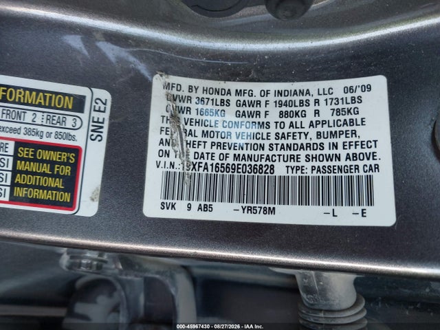 Продаж на аукціоні авто 2009 Honda Civic Lx, vin: 19XFA16569E036828, номер лоту: 45967430