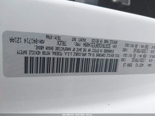 45967438 :رقم المزاد ، 3C6TRVDG8FE514094 vin ، 2015 Ram Promaster 2500 High Roof مزاد بيع