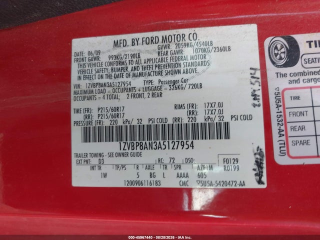 45967440 :رقم المزاد ، 1ZVBP8AN3A5127954 vin ، 2010 Ford Mustang V6 مزاد بيع