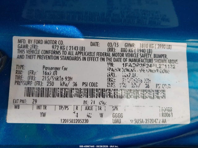 45967445 :رقم المزاد ، 1FADP3F24FL271132 vin ، 2015 Ford Focus Se مزاد بيع