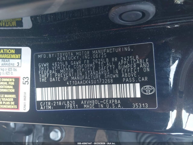 Aukcja sprzedaży 2025 Toyota Camry Xse, vin: 4T1DAACK4SU173268, numer aukcji: 45967447