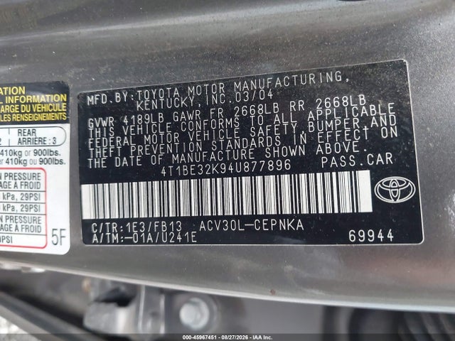 45967451 :رقم المزاد ، 4T1BE32K94U877896 vin ، 2004 Toyota Camry Le/xle/se مزاد بيع