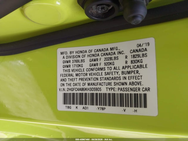 Продаж на аукціоні авто 2019 Honda Civic Sport, vin: 2HGFC4A86KH305905, номер лоту: 45967460