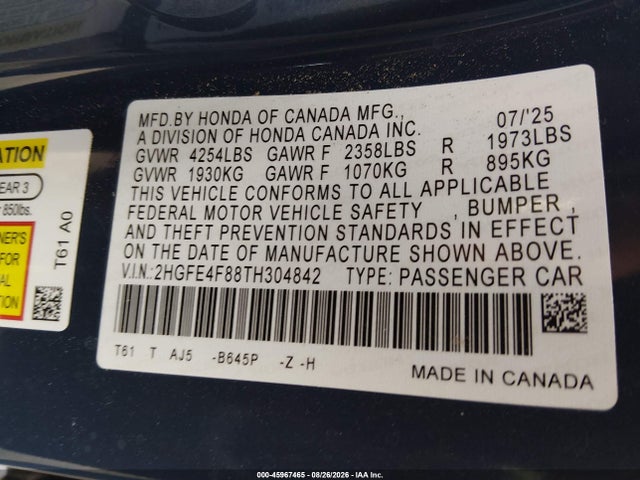 2HGFE4F88TH304842 Honda Civic Hybrid Sport/sport Touring