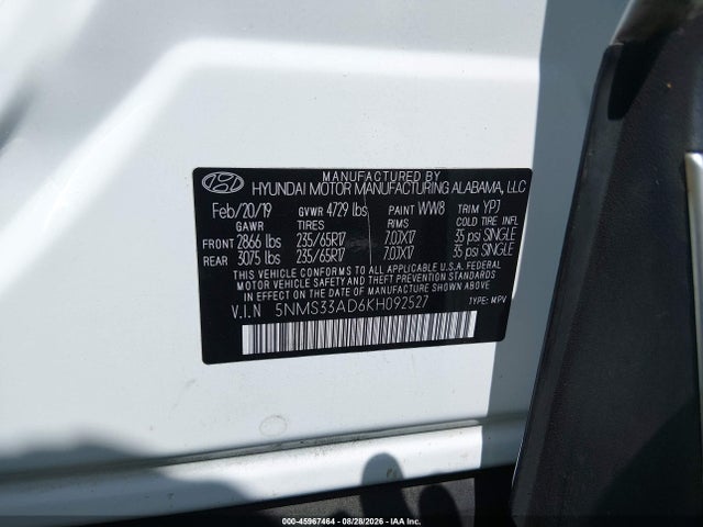 2019 Hyundai Santa Fe Sel მანქანა იყიდება აუქციონზე, vin: 5NMS33AD6KH092527, აუქციონის ნომერი: 45967464