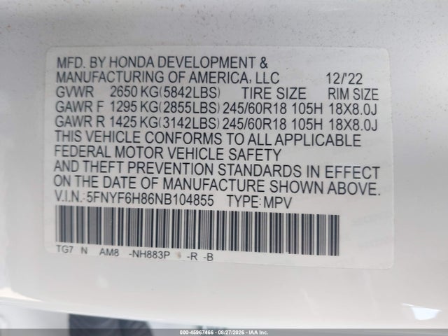 2022 Honda Pilot Awd Trailsport მანქანა იყიდება აუქციონზე, vin: 5FNYF6H86NB104855, აუქციონის ნომერი: 45967466