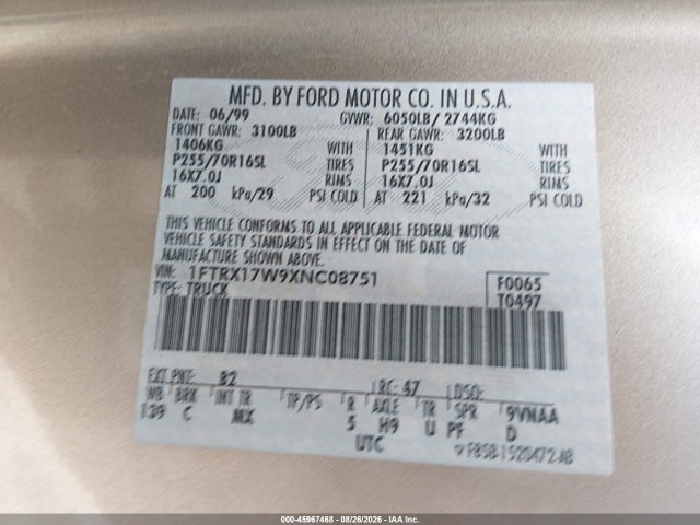 Продаж на аукціоні авто 1999 Ford F-150 Lariat/work Series/xl/xlt, vin: 1FTRX17W9XNC08751, номер лоту: 45967468