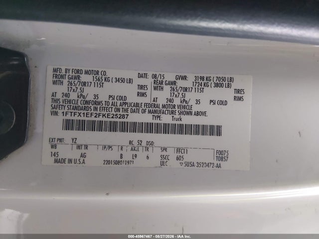 Aukcja sprzedaży 2015 Ford F-150 Xl, vin: 1FTFX1EF2FKE25287, numer aukcji: 45967467