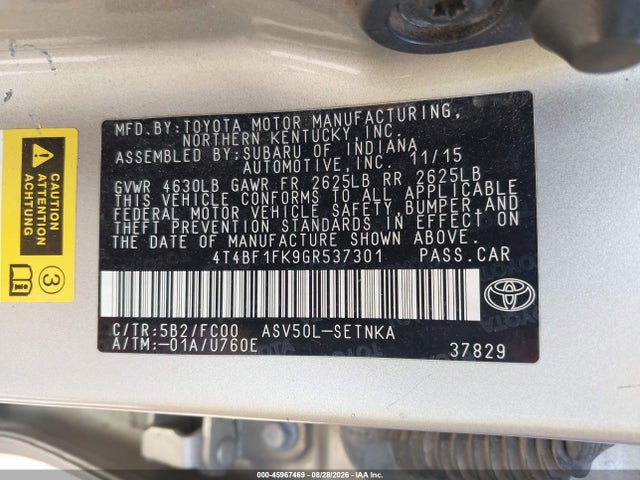 45967469 :رقم المزاد ، 4T4BF1FK9GR537301 vin ، 2016 Toyota Camry Le مزاد بيع
