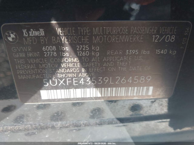 45967472 :رقم المزاد ، 5UXFE43539L264589 vin ، 2009 Bmw X5 Xdrive30i مزاد بيع