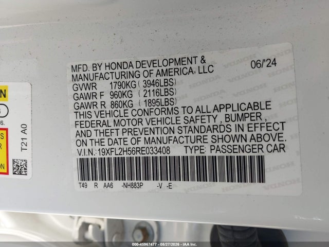 Aukcja sprzedaży 2024 Honda Civic Lx, vin: 19XFL2H56RE033408, numer aukcji: 45967477