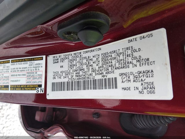 Продажа на аукционе авто 2005 Toyota 4runner Sr5 V6, vin: JTEZU14R458036112, номер лота: 45967492