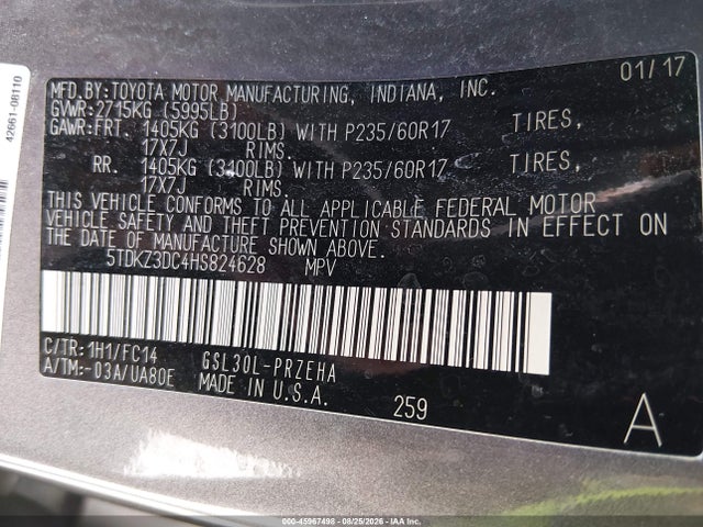 2017 Toyota Sienna Le 8 Passenger მანქანა იყიდება აუქციონზე, vin: 5TDKZ3DC4HS824628, აუქციონის ნომერი: 45967498