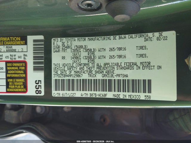 45967505 :رقم المزاد ، 3TMDZ5BN4NM129067 vin ، 2022 Toyota Tacoma Trd Off Road مزاد بيع