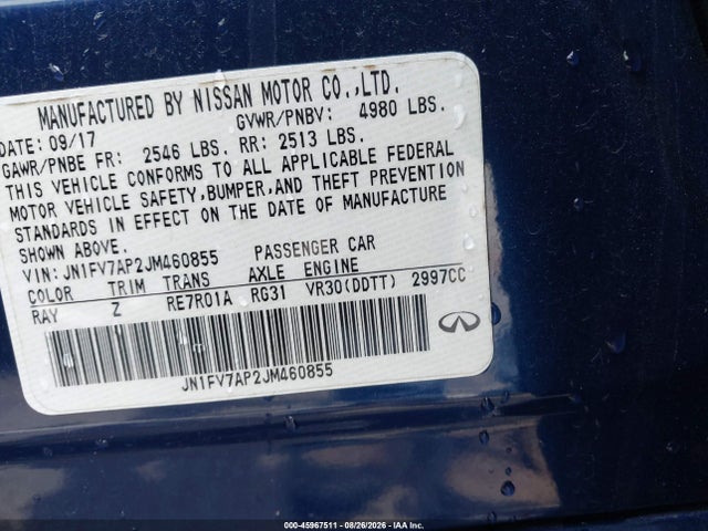 45967511 :رقم المزاد ، JN1FV7AP2JM460855 vin ، 2018 Infiniti Q50 3.0t Red Sport 400 مزاد بيع