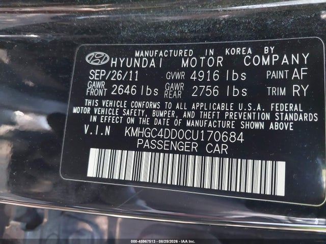 2012 Hyundai Genesis 3.8 მანქანა იყიდება აუქციონზე, vin: KMHGC4DD0CU170684, აუქციონის ნომერი: 45967513