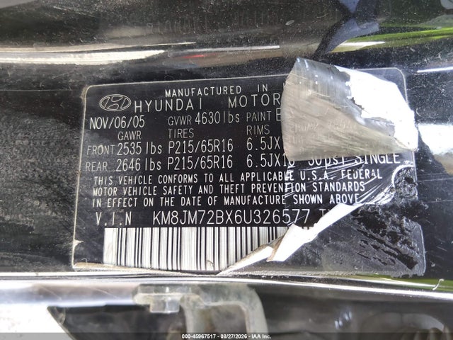2006 Hyundai Tucson Gl მანქანა იყიდება აუქციონზე, vin: KM8JM72BX6U326577, აუქციონის ნომერი: 45967517
