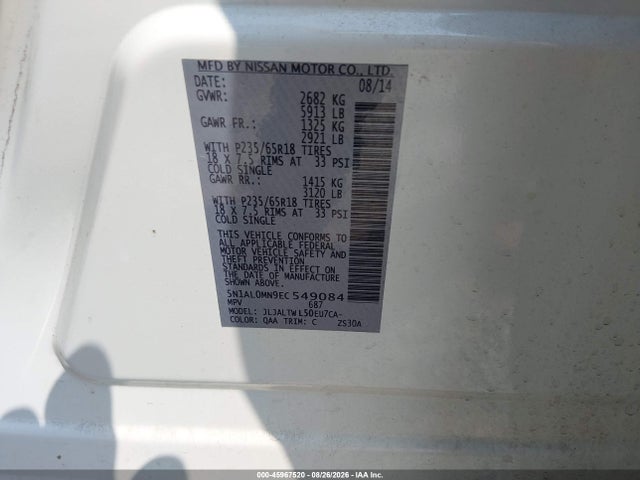45967520 :رقم المزاد ، 5N1AL0MN9EC549084 vin ، 2014 Infiniti Qx60 مزاد بيع