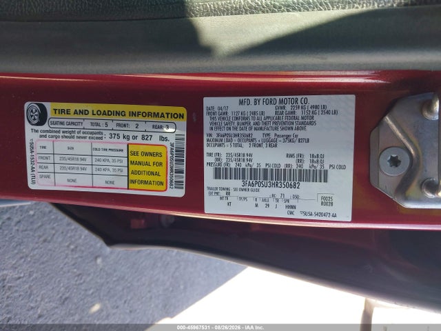 Продаж на аукціоні авто 2017 Ford Fusion Energi Titanium, vin: 3FA6P0SU3HR350682, номер лоту: 45967531