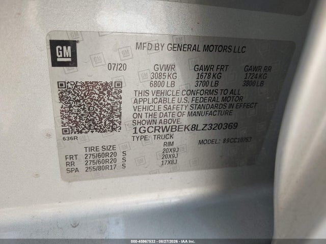 45967532 :رقم المزاد ، 1GCRWBEK8LZ320369 vin ، 2020 Chevrolet Silverado 1500 2wd  Standard Bed Custom مزاد بيع