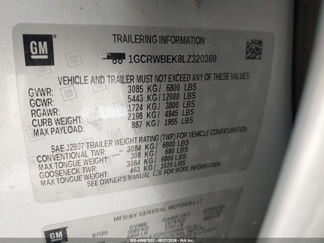 45967532 :رقم المزاد ، 1GCRWBEK8LZ320369 vin ، 2020 Chevrolet Silverado 1500 2wd  Standard Bed Custom مزاد بيع
