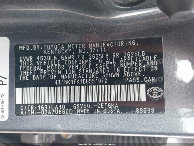 2014 Toyota Camry Xle V6 მანქანა იყიდება აუქციონზე, vin: 4T1BK1FK1EU551972, აუქციონის ნომერი: 45967541