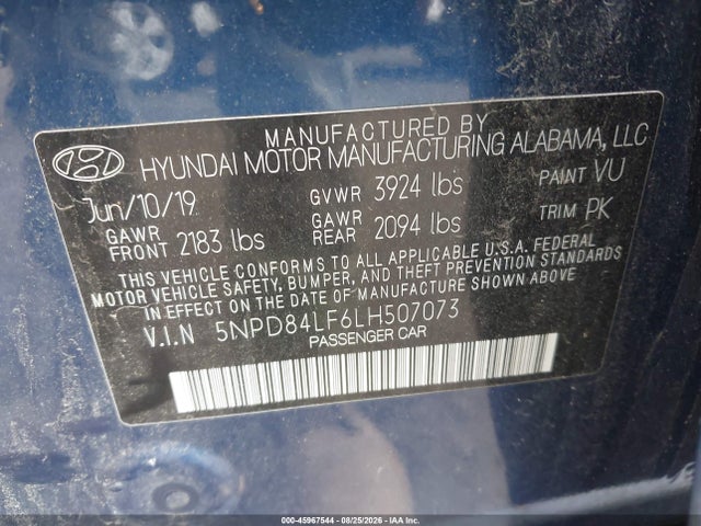 45967544 :رقم المزاد ، 5NPD84LF6LH507073 vin ، 2020 Hyundai Elantra Sel مزاد بيع