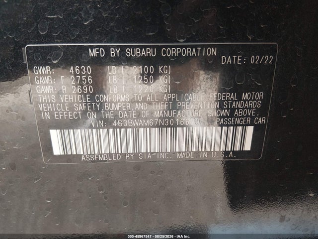 Aukcja sprzedaży 2022 Subaru Legacy Limited, vin: 4S3BWAM67N3016620, numer aukcji: 45967547