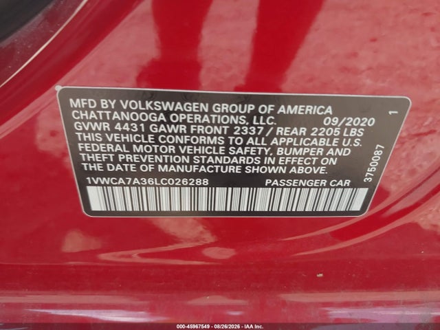 Продаж на аукціоні авто 2020 Volkswagen Passat 2.0t Sel, vin: 1VWCA7A36LC026288, номер лоту: 45967549
