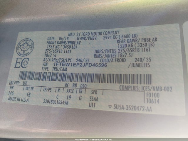 Продажа на аукционе авто 2018 Ford F-150 Xlt, vin: 1FTEW1EP2JFD46596, номер лота: 45967551