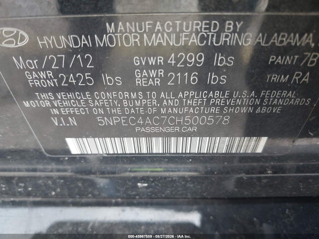 Продажа на аукционе авто 2012 Hyundai Sonata Limited, vin: 5NPEC4AC7CH500578, номер лота: 45967559