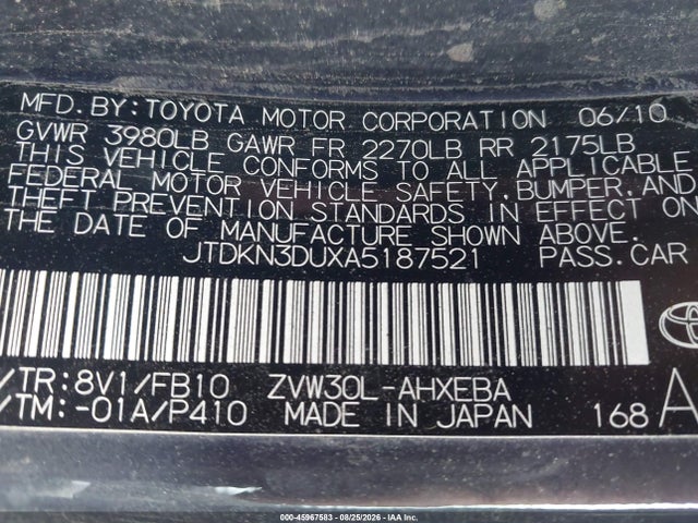 Aukcja sprzedaży 2010 Toyota Prius Ii, vin: JTDKN3DUXA5187521, numer aukcji: 45967583