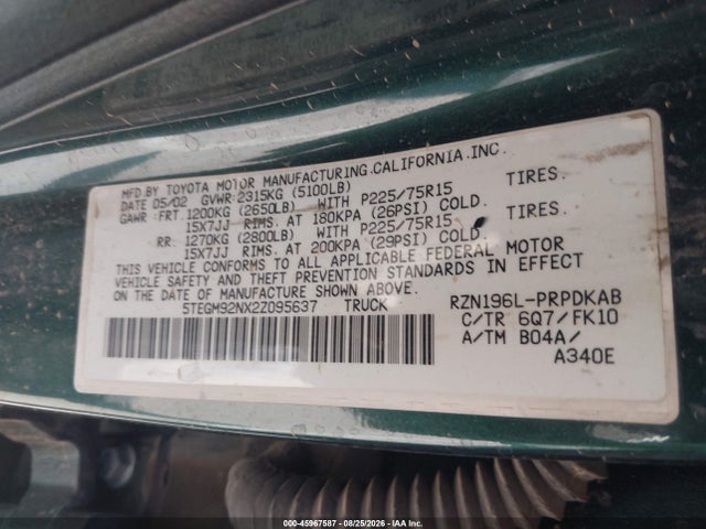2002 Toyota Tacoma Prerunner მანქანა იყიდება აუქციონზე, vin: 5TEGM92NX2Z095637, აუქციონის ნომერი: 45967587