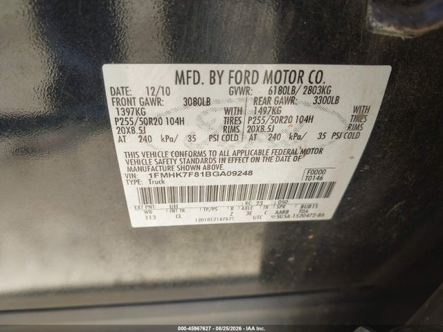 Aukcja sprzedaży 2011 Ford Explorer Limited, vin: 1FMHK7F81BGA09248, numer aukcji: 45967627