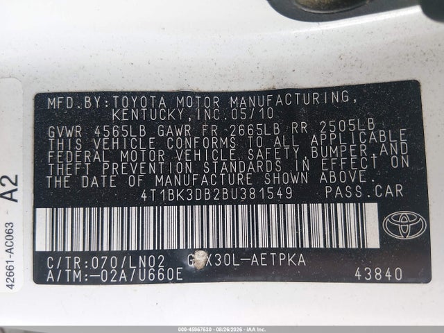 Продажа на аукционе авто 2011 Toyota Avalon Limited, vin: 4T1BK3DB2BU381549, номер лота: 45967630