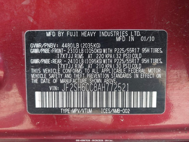 Продажа на аукционе авто 2010 Subaru Forester 2.5x Premium, vin: JF2SH6CC8AH772521, номер лота: 45967636