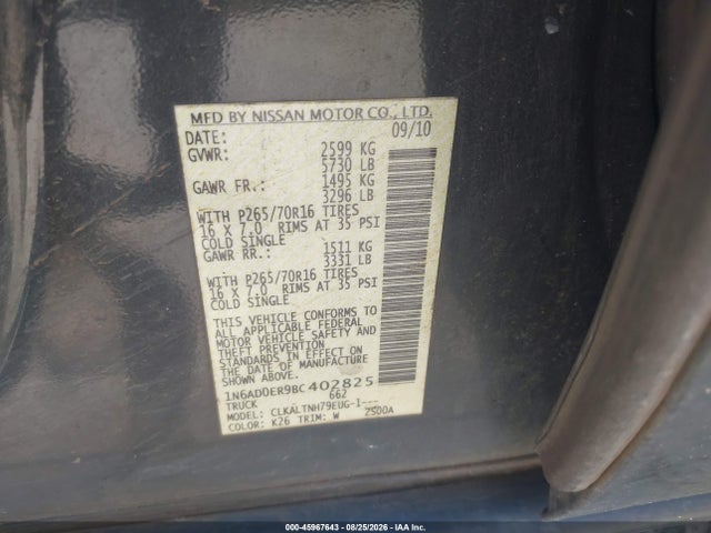Aukcja sprzedaży 2011 Nissan Frontier Sv, vin: 1N6AD0ER9BC402825, numer aukcji: 45967643